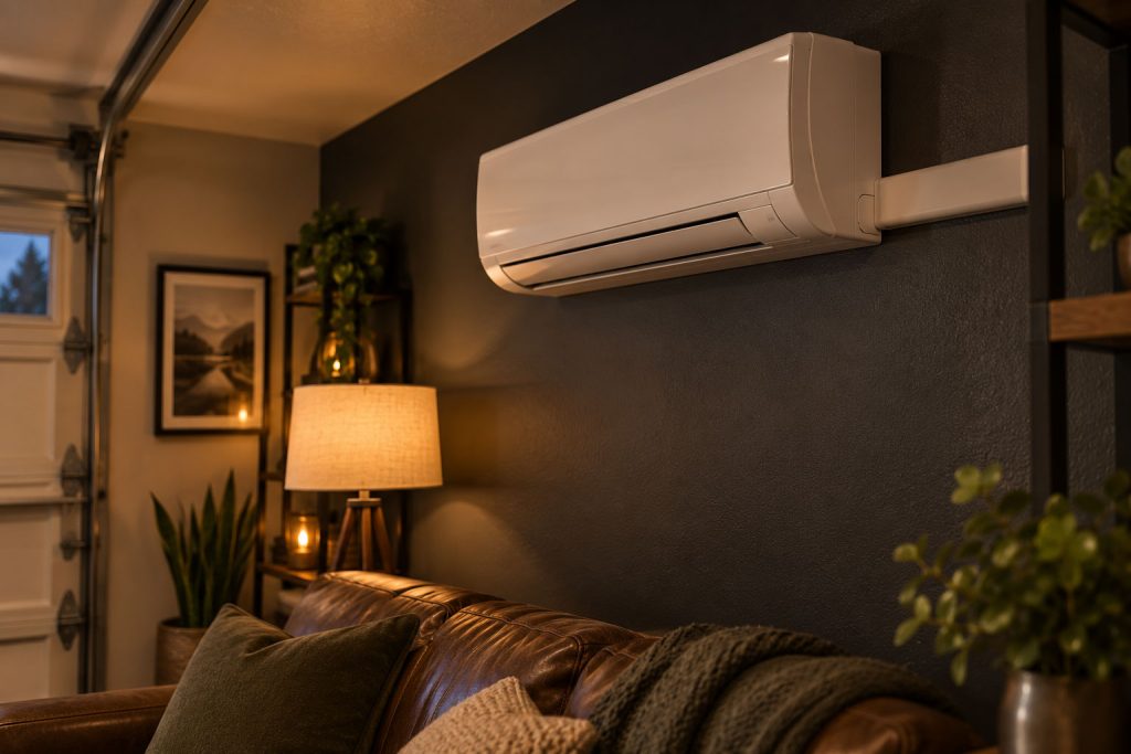 White ductless mini split head mounted high on a dark charcoal garage wall, above a brown leather sofa and a lit table lamp